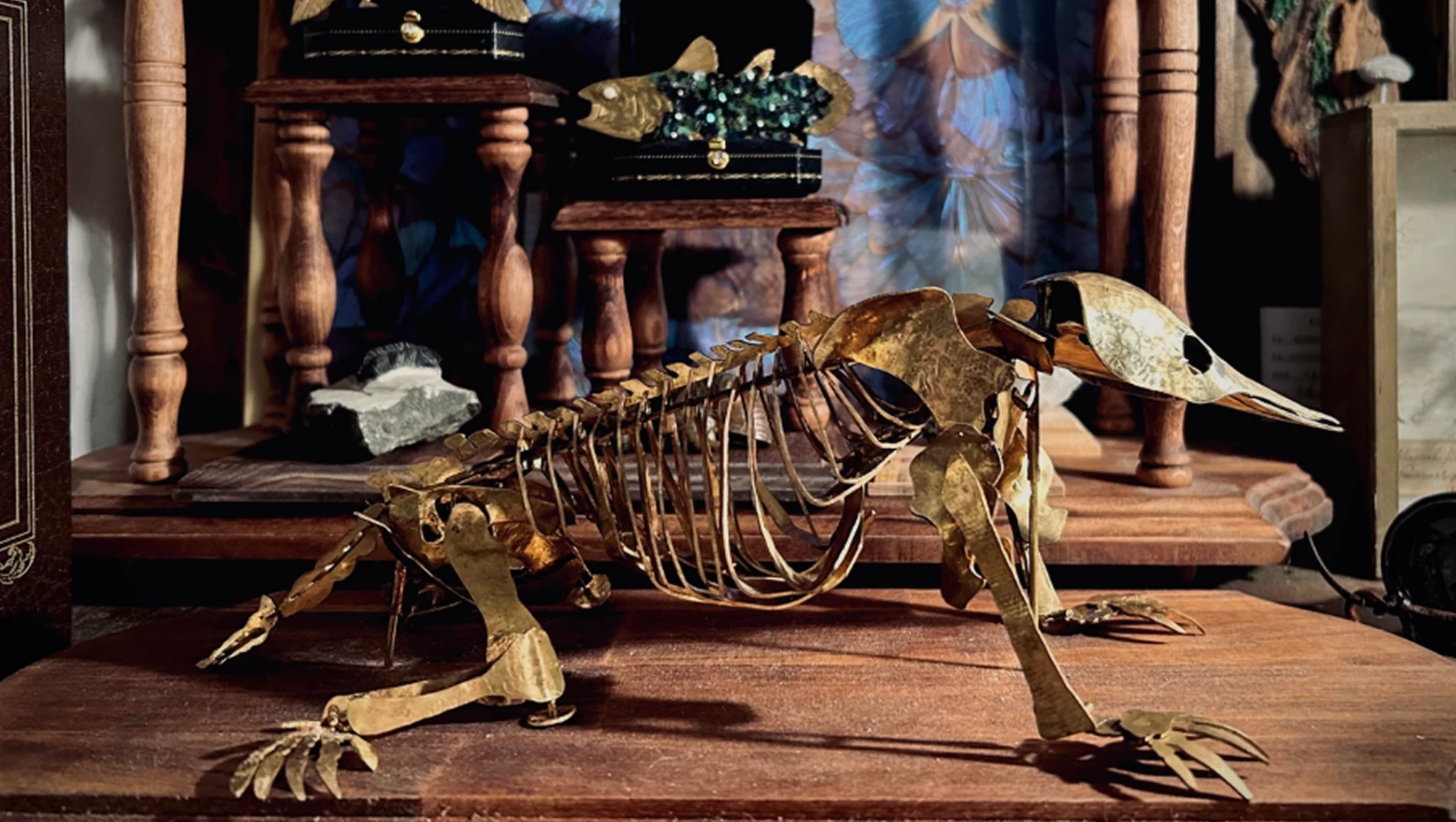brass skeleton animal art sculpture displayed on a wooden table in a museum-like interior